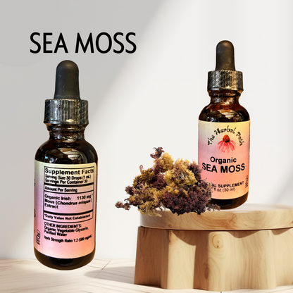 Two bottles of Organic Sea Moss on a wooden stand with a white background