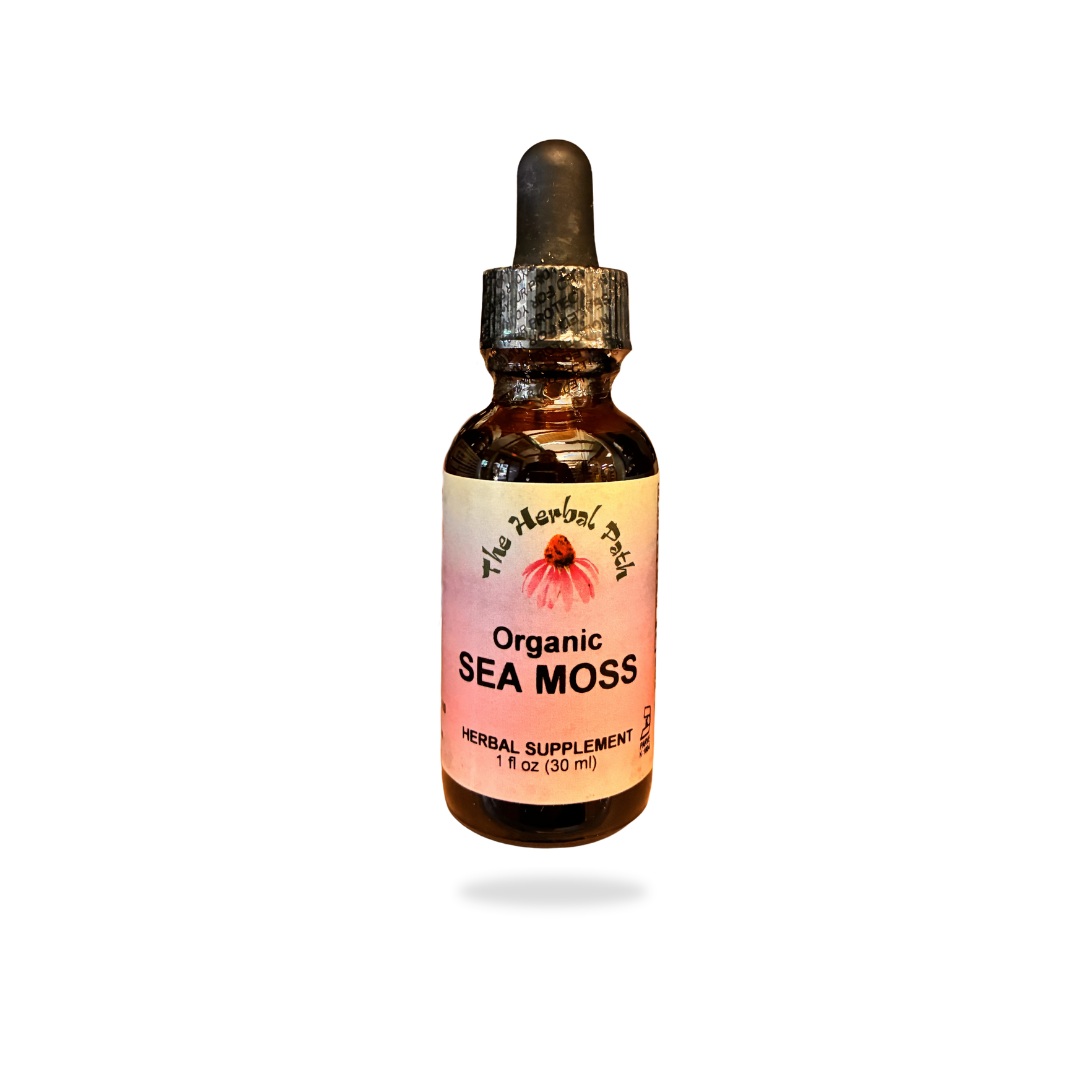 Bottle of Organic Sea Moss supplement with a dropper on a white background