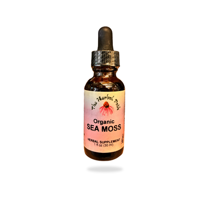 Bottle of Organic Sea Moss supplement with a dropper on a white background
