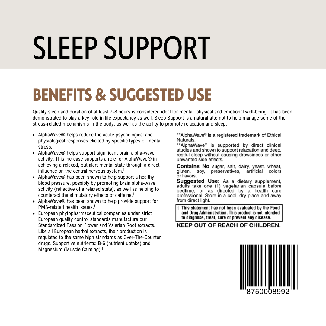 Sleep support product label with text and barcode on a white background.