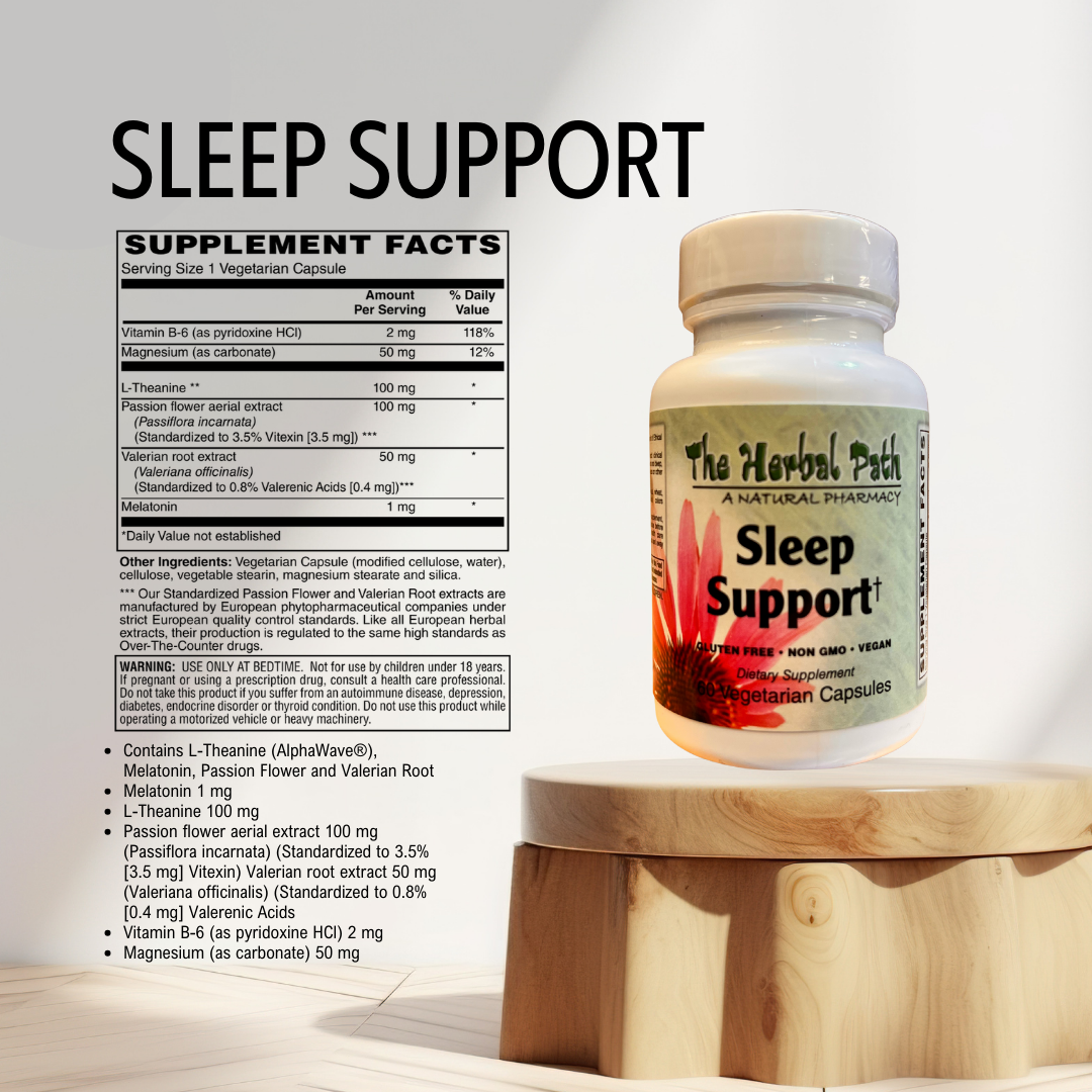 Sleep support supplement bottle with label on a wooden stand, featuring 'The Herbal Path' brand.