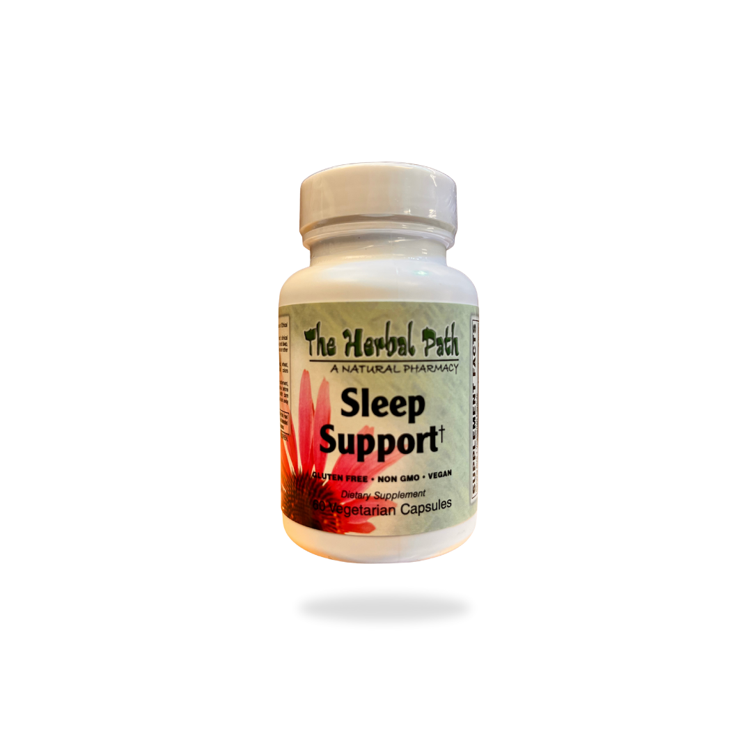 Bottle of 'Sleep Support' by The Herbal Path on a white background.