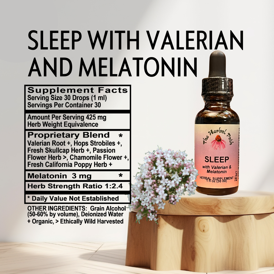 Supplement bottle labeled 'Sleep with Valerian and Melatonin' with supplement facts.
