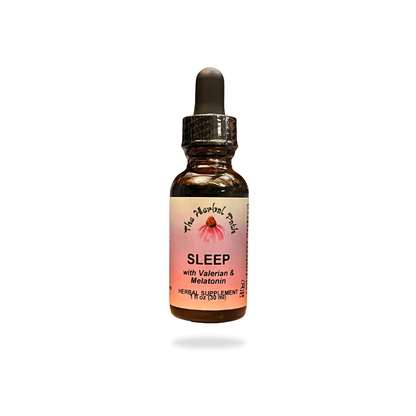 Bottle of 'Sleep' herbal supplement with Valerian and Melatonin by The Herbal Path.