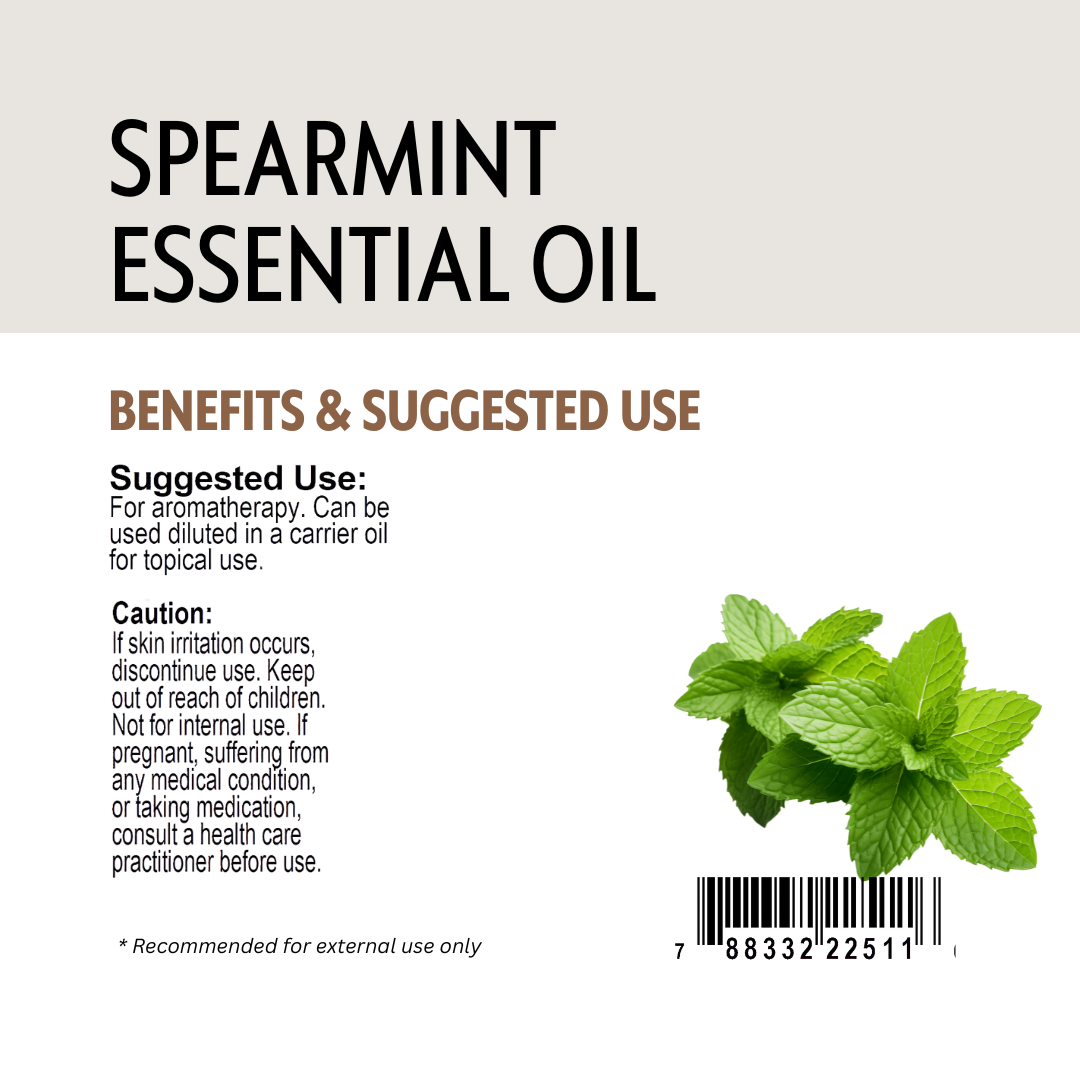 Spearmint essential oil label with benefits, suggested use, and a spearmint leaf illustration on a white background.