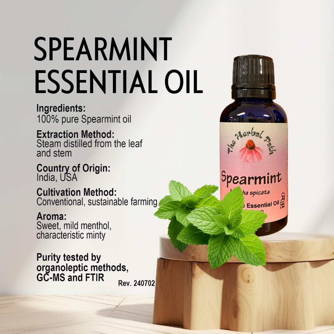 Spearmint essential oil bottle with spearmint leaves on a wooden block against a white background