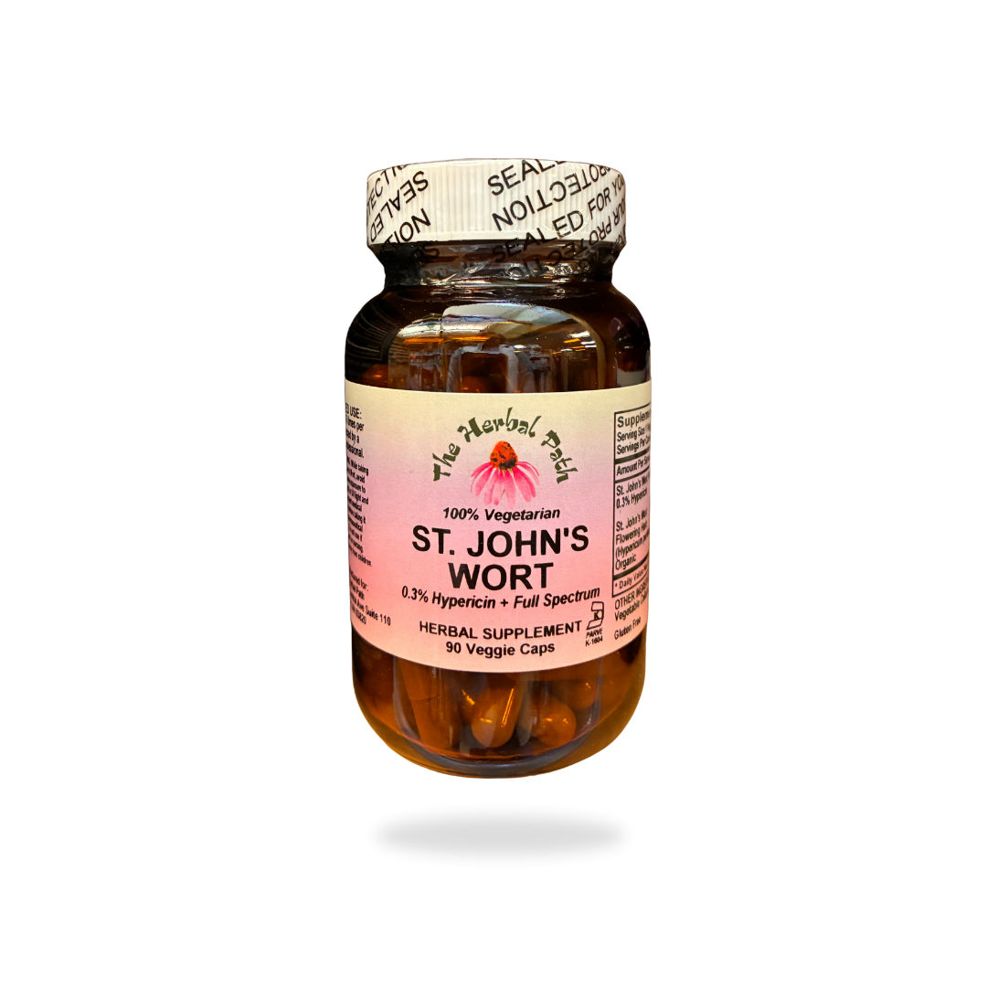 Bottle of St. John's Wort capsules with a pink Herbal Path label on a white background.