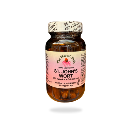 Bottle of St. John's Wort capsules with a pink Herbal Path label on a white background.