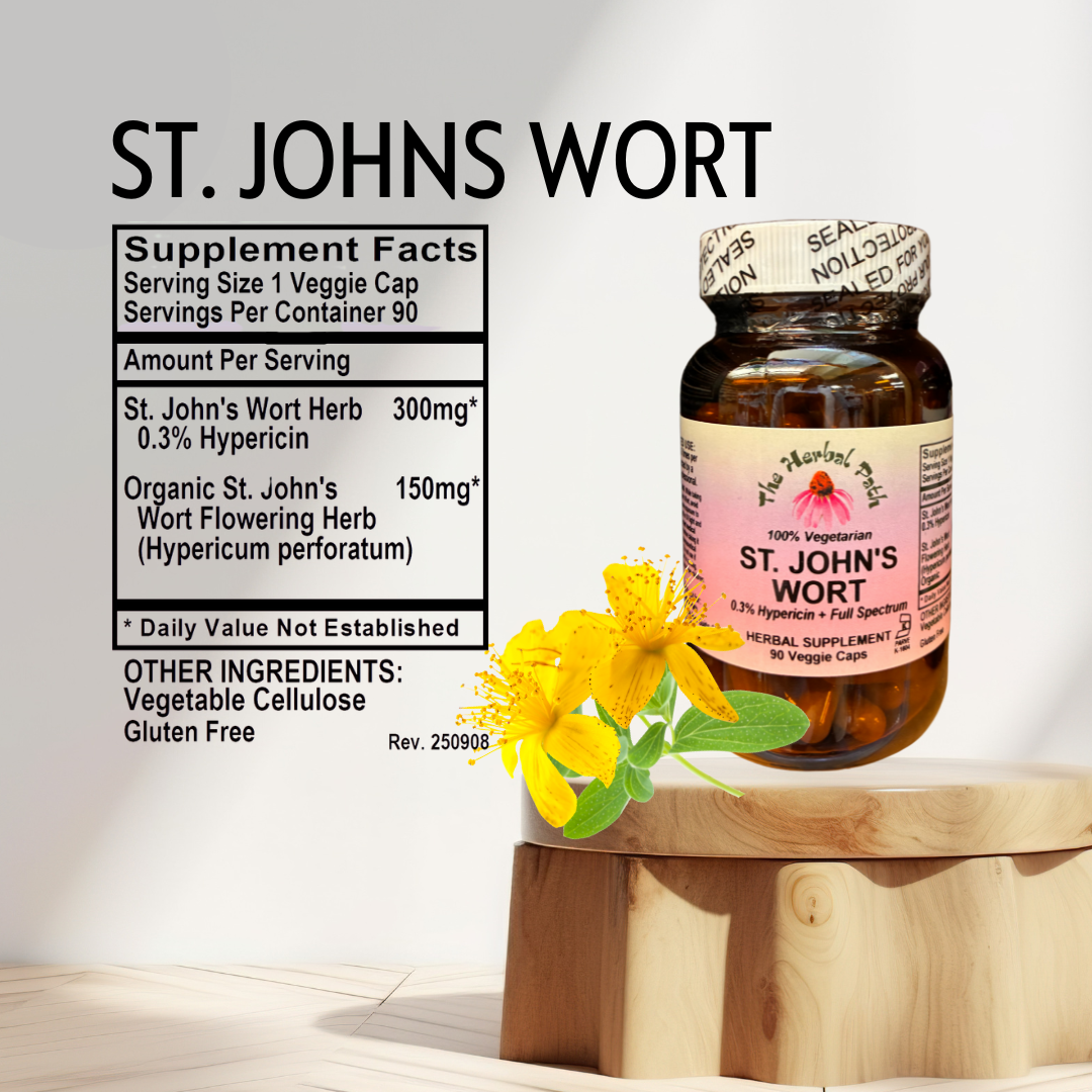 St. John's Wort supplement bottle with label and yellow flower on a wooden block.