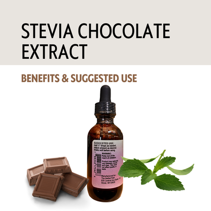 Stevia chocolate extract bottle with chocolate pieces and stevia leaves on a white background