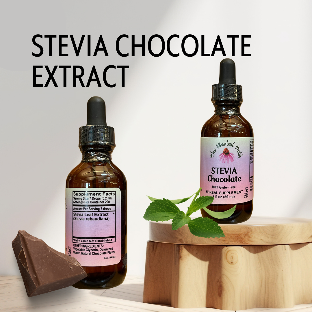 Two bottles of stevia chocolate extract with a dropper on a wooden stand, surrounded by chocolate and mint leaves.