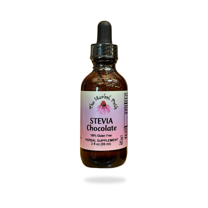 Stevia chocolate herbal supplement bottle with dropper on a white background