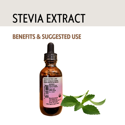 Bottle of Organic Stevia supplement with a dropper and pink The Herbal Path label.