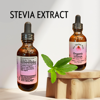 Bottle of Organic Stevia supplement with a dropper and pink The Herbal Path label.