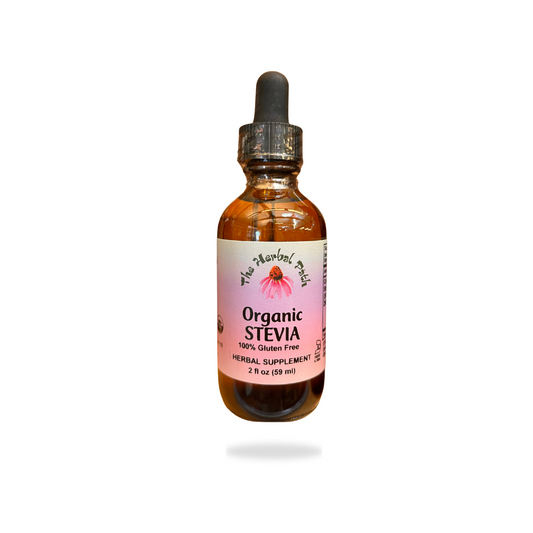 Bottle of Organic Stevia supplement with a dropper and pink The Herbal Path label.