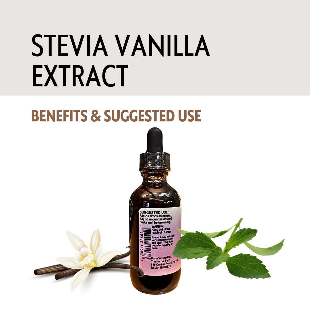 Stevia vanilla extract bottle with vanilla flower and leaves on a white background