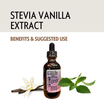 Stevia vanilla extract bottle with vanilla flower and leaves on a white background