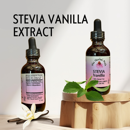 Two bottles of stevia vanilla extract with a vanilla flower and leaf on a wooden stand.