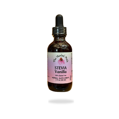Bottle of Stevia Vanilla liquid supplement with dropper on a white background