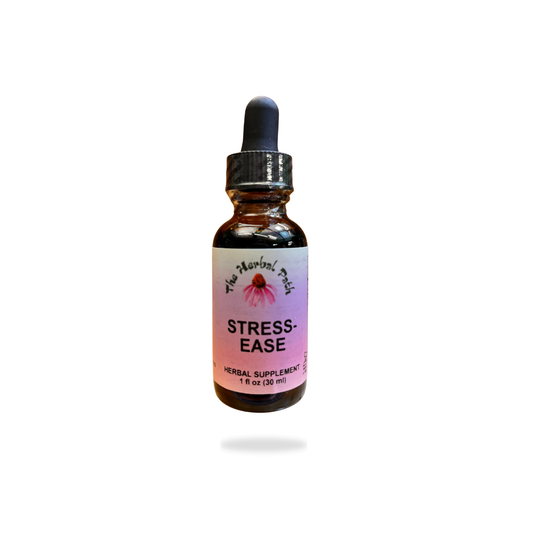 Bottle of 'Stress Ease' herbal supplement with dropper and pink The Herbal Path label.