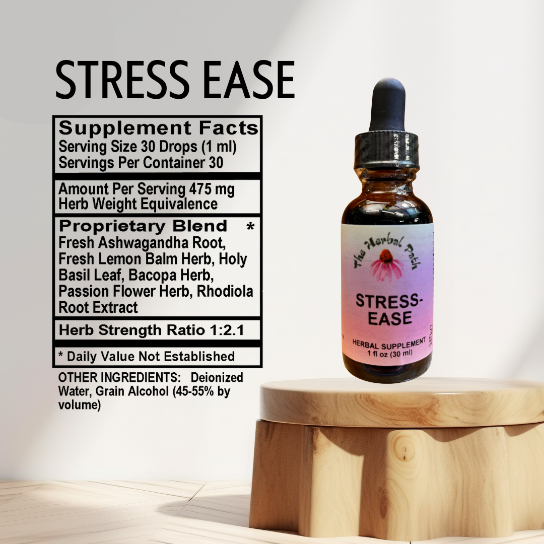 Stress Ease supplement bottle with label on a wooden platform.