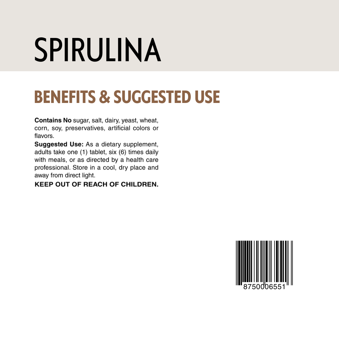 Spirulina supplement label with benefits and suggested use text on a beige background.