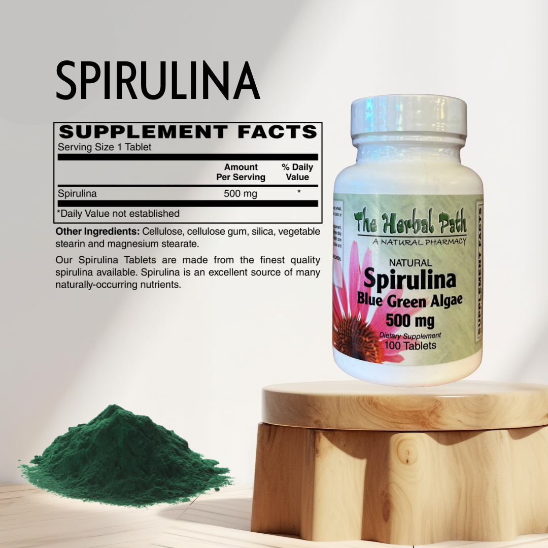 Spirulina supplement bottle with powder on a wooden stand against a white background