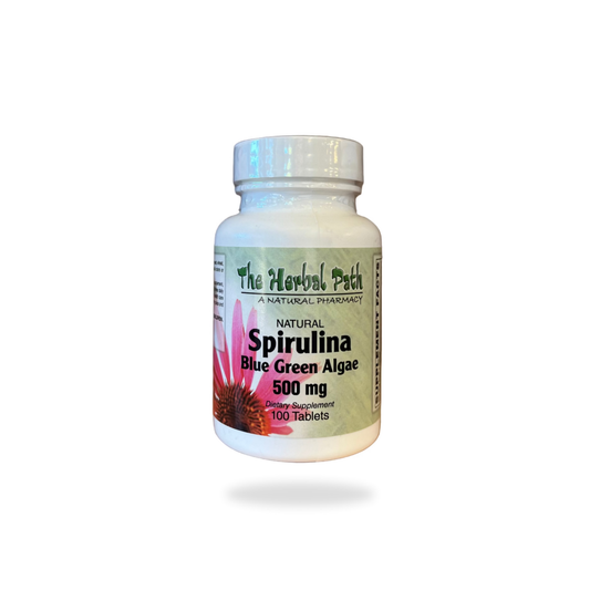 Bottle of Spirulina Blue Green Algae supplement from The Herbal Path on a white background