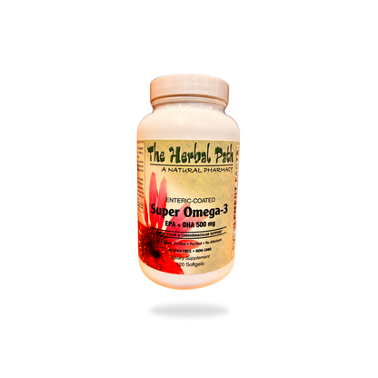 Supplement bottle labeled 'Super Omega-3' by 'The Herbal Patch' on a white background