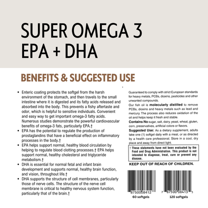 Back of a supplement bottle label for Super Omega 3 EPA + DHA with text on benefits and suggested use. Barcodes included.
