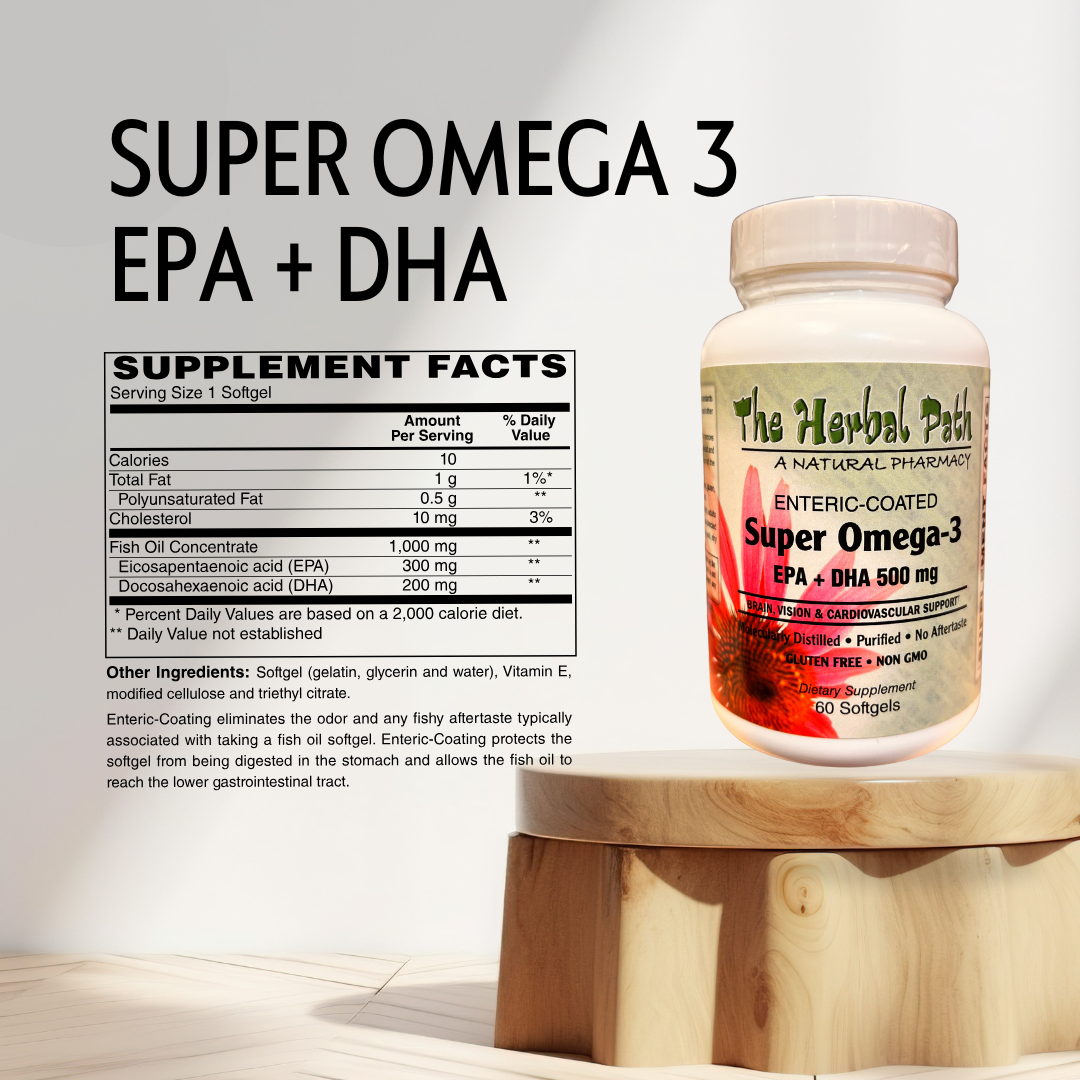 Supplement bottle labeled 'Super Omega 3 EPA + DHA' by The Herbal Path.