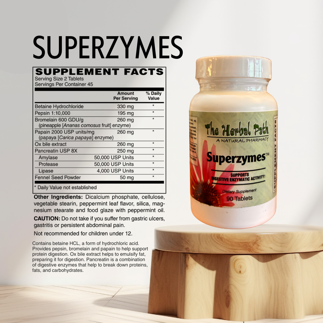 Superzymes supplement bottle with label on a wooden stand, featuring supplement facts.