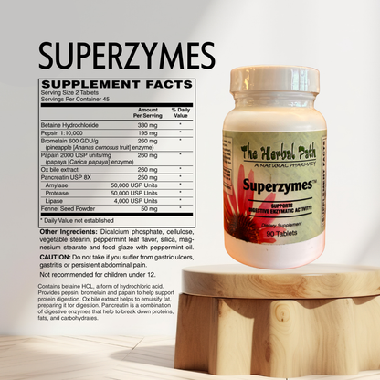 Superzymes supplement bottle with label on a wooden stand, featuring supplement facts.