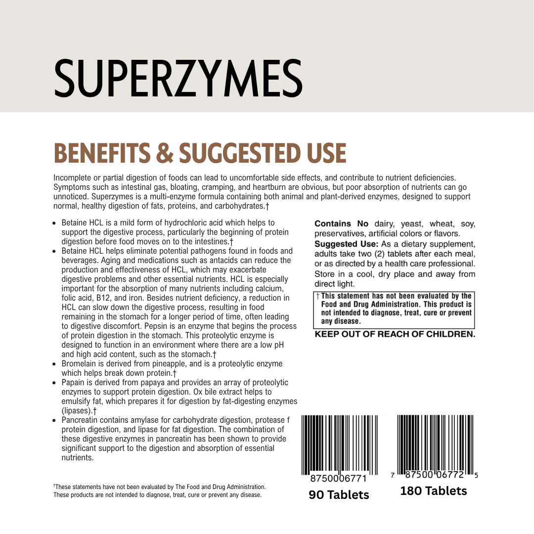 Back of a Superzymes supplement package with barcodes and text on benefits and usage.