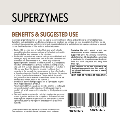 Back of a Superzymes supplement package with barcodes and text on benefits and usage.