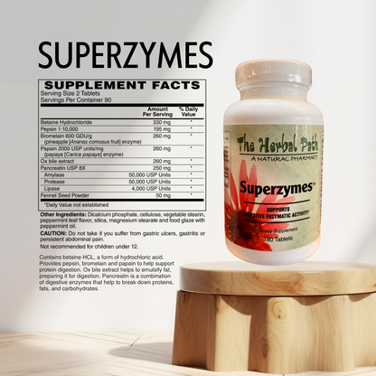 Superzymes supplement bottle with label on a wooden stand against a light background.