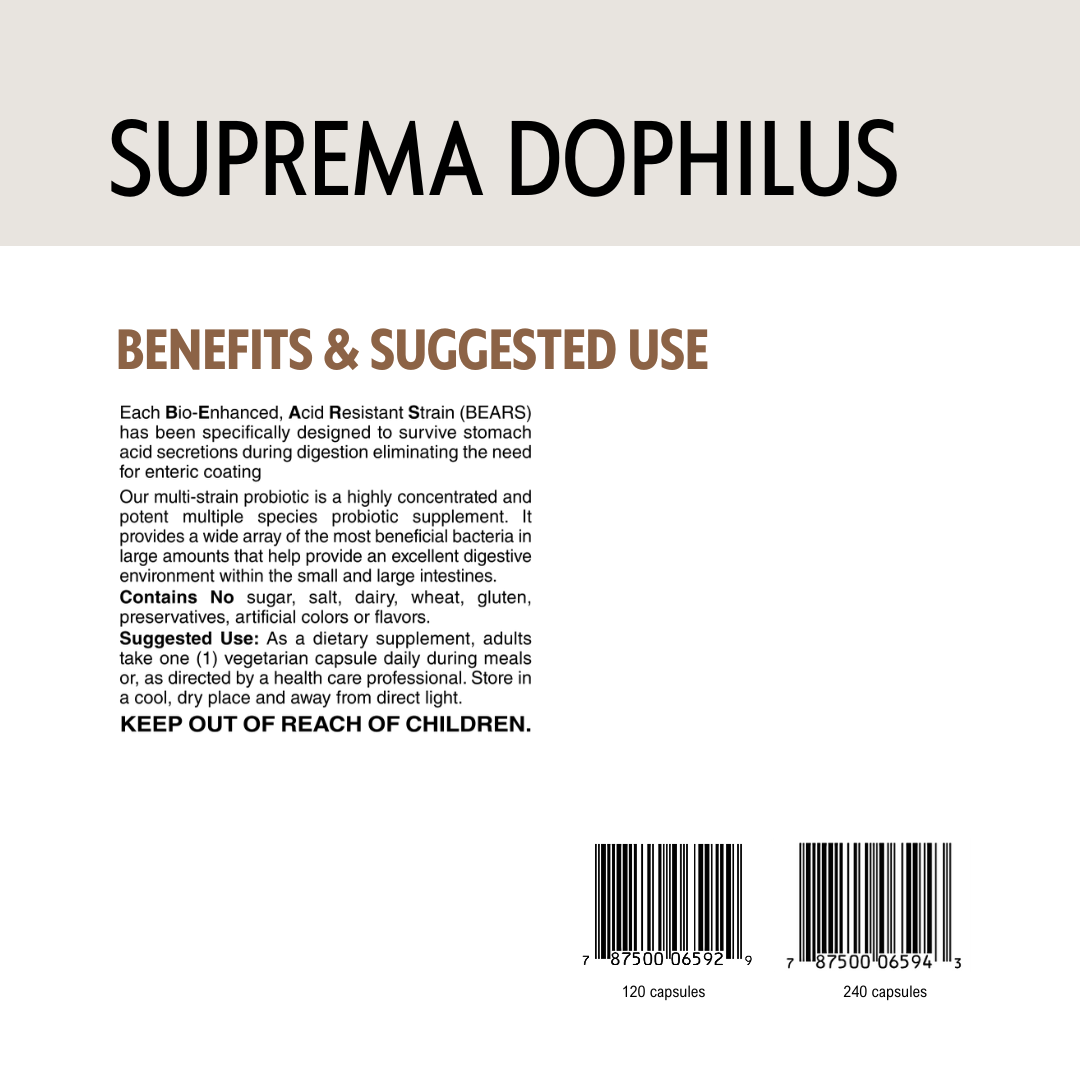 Suprema Dophilus supplement label with text and barcodes on a beige background