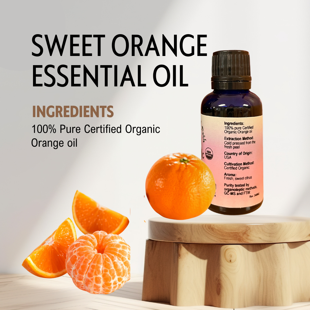 Bottle of sweet orange essential oil with oranges on a wooden stand against a light background