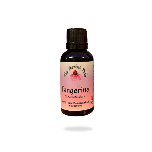 Tangerine essential oil bottle with label on a white background