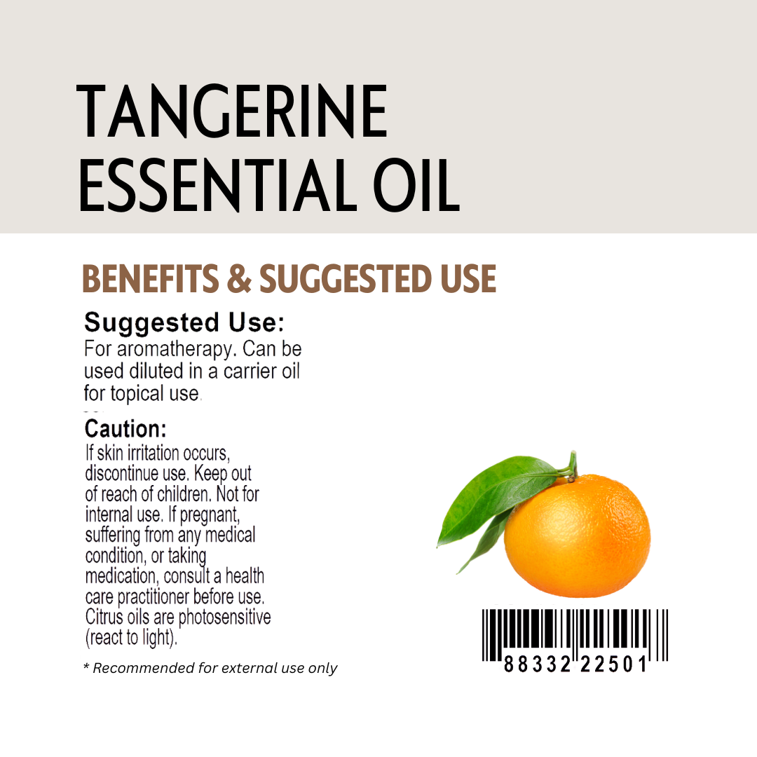 Tangerine essential oil label with an image of a tangerine and text about benefits and suggested use.