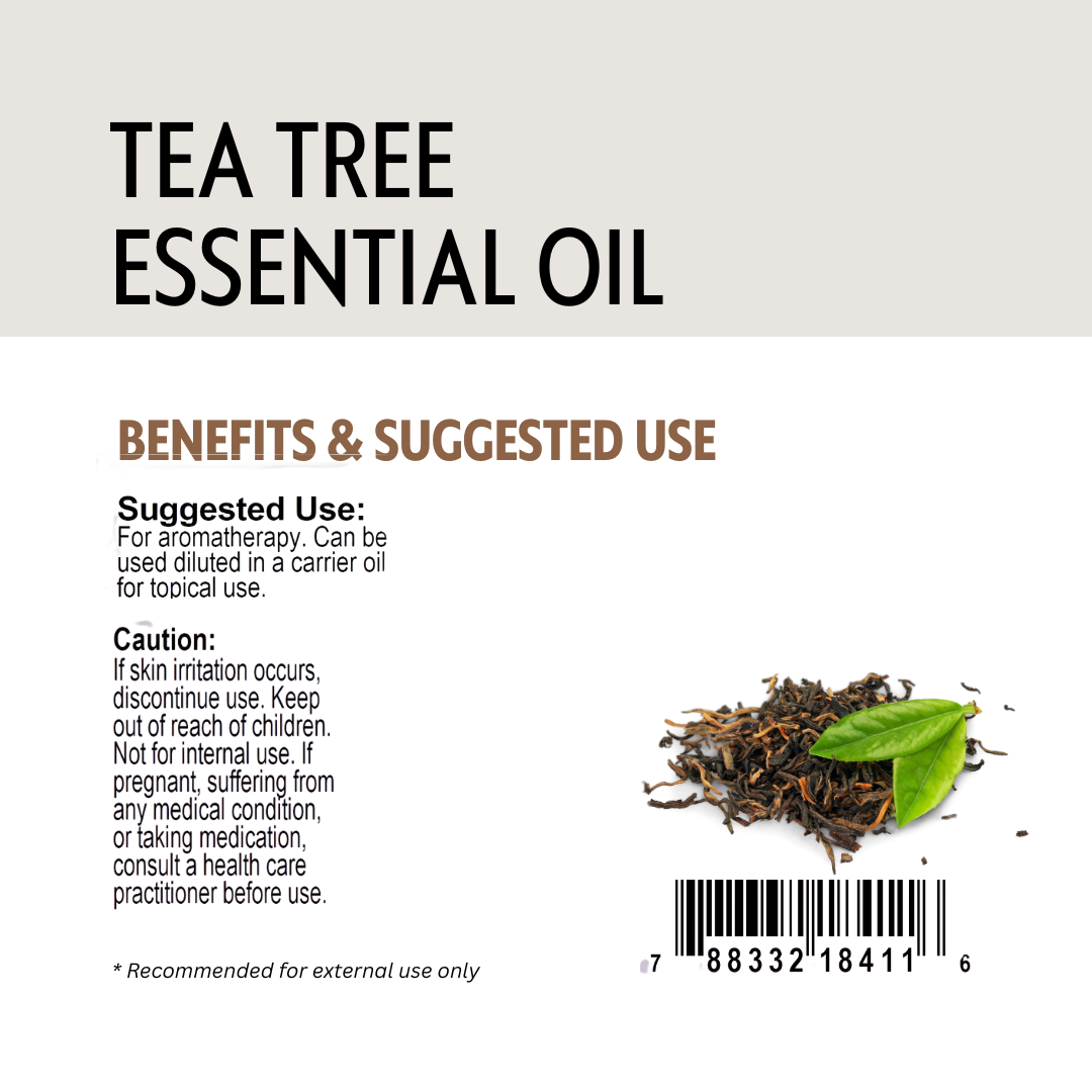 Tea tree essential oil label with benefits, suggested use, and a small image of tea leaves.
