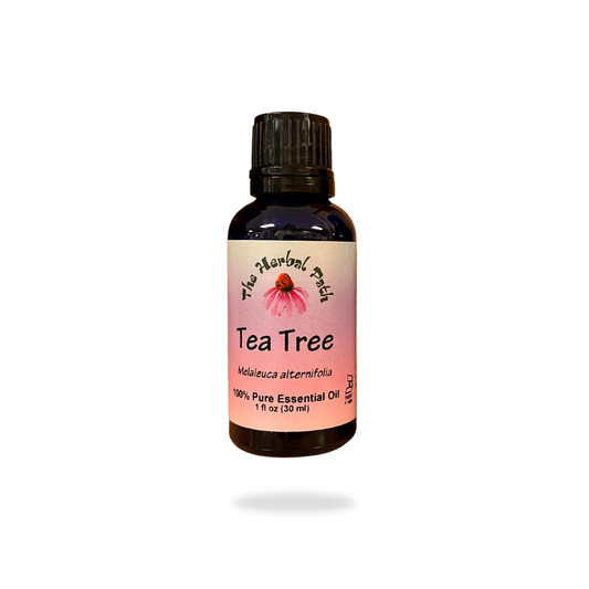 Tea Tree essential oil bottle with a pink label on a white background