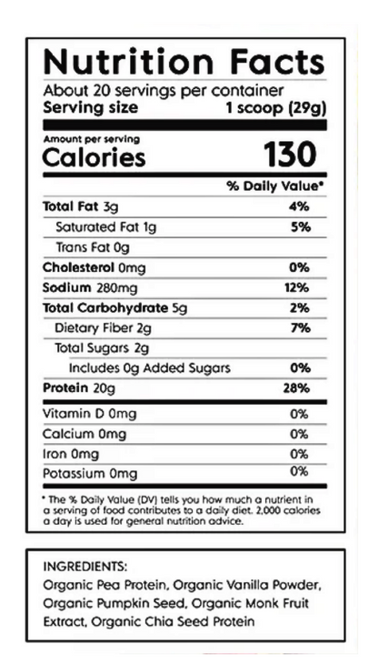 A Nutrition Facts label for a single-serving product, showing 130 calories and ingredients including organic flax seeds, organic pumpkin seed, and organic chia seed powder, on a white background.