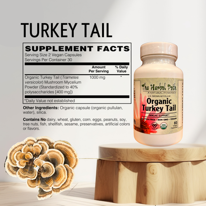 Supplement bottle labeled 'Organic Turkey Tail' with supplement facts on a light background.
