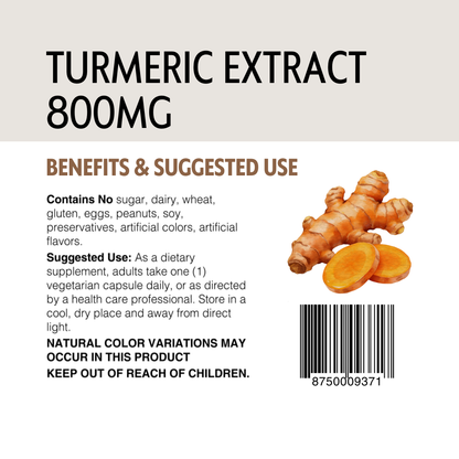 Turmeric extract 800mg supplement label with turmeric root image and text.