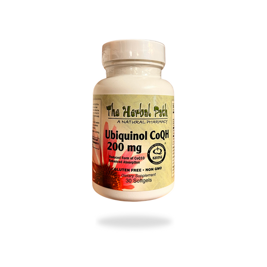 Supplement bottle labeled 'Ubiquinol CoQH 200 mg' by 'The Herbal Path' on a white background.