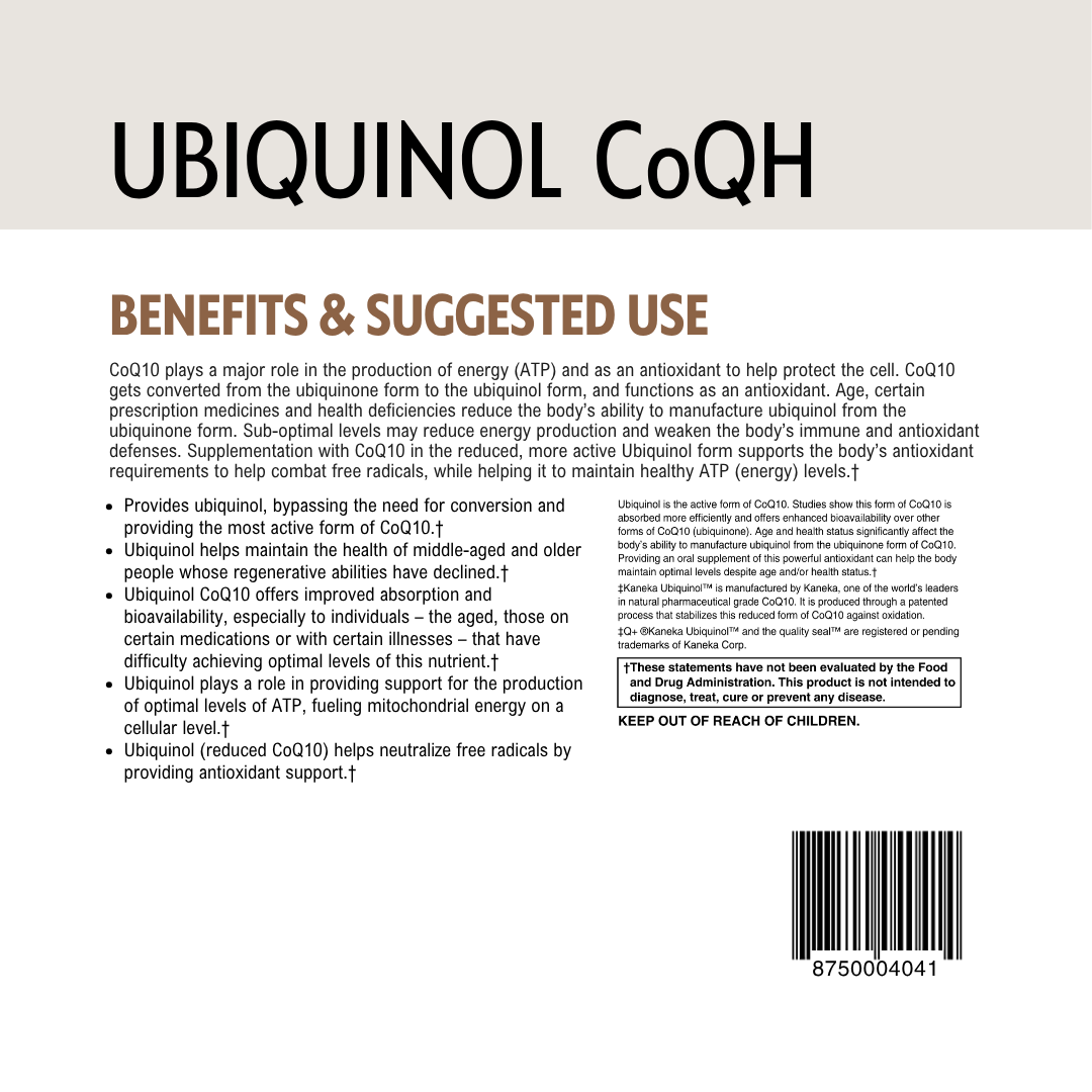 Back label of Ubiquinol CoQH with text and barcode on a beige background.
