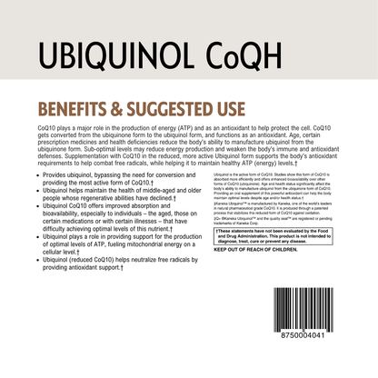 Back label of Ubiquinol CoQH with text and barcode on a beige background.