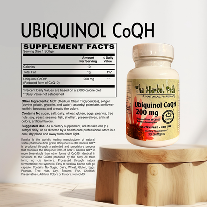 Ubiquinol CoQH supplement bottle with label on a wooden stand.