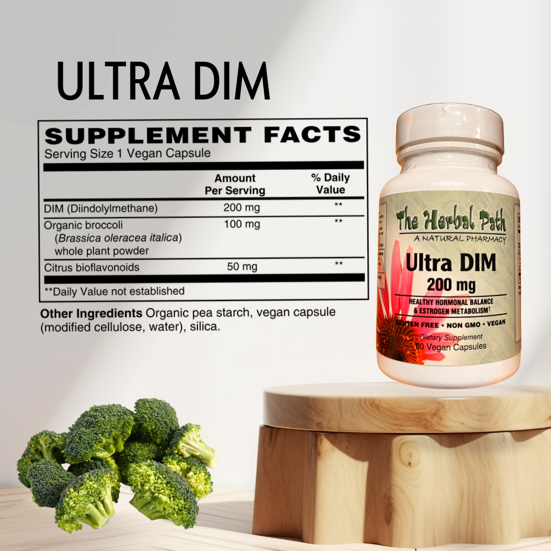 Supplement bottle labeled 'Ultra DIM' with broccoli and supplement facts.
